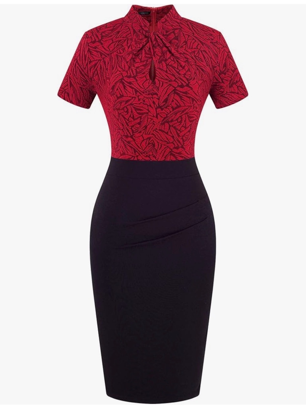 Red Patterned and Black Waist Sheath Dress